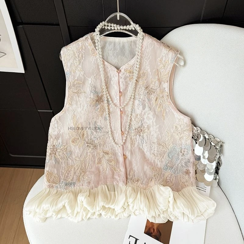 Double-layered Chinese Embroidery Summer Vest Oriental Embroidery Tangsuits Vest Chinese Style Thin Sleeveless Vest Top