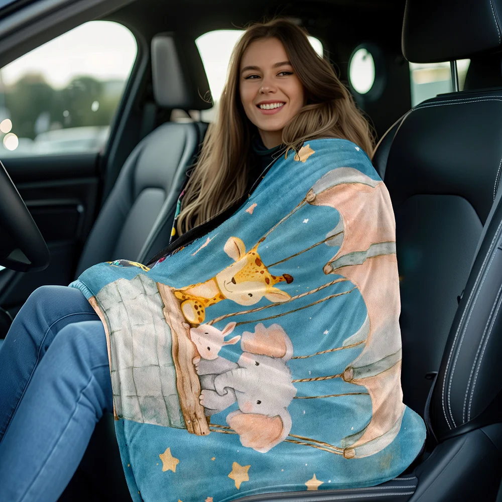 Cute animals hot air balloon stars sky giraffe elephant rabbit flannel blanket baby nursery decor soft plush blanket for kids