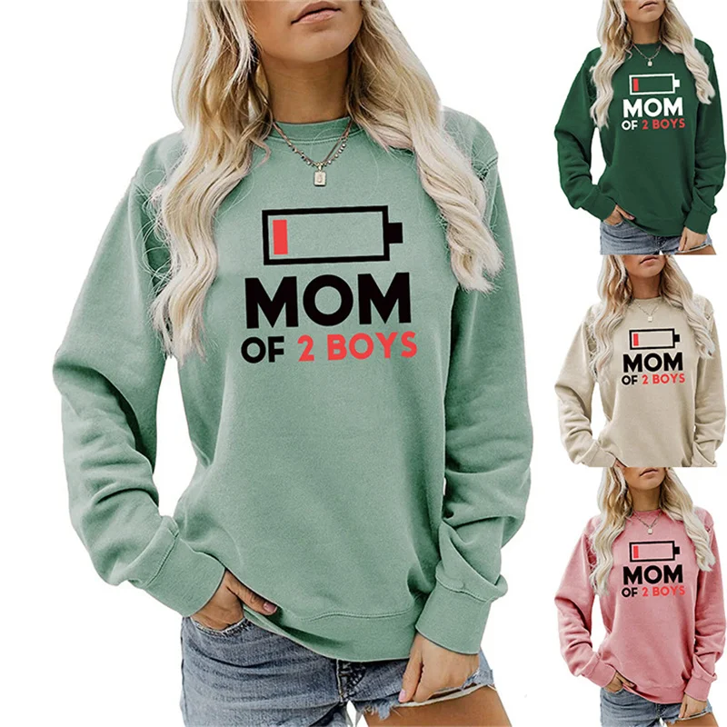 New fashion autumn and winter cotton Mom Of 2 Boys fun printed casual blouse ladies casual round neck long sleeve sweater