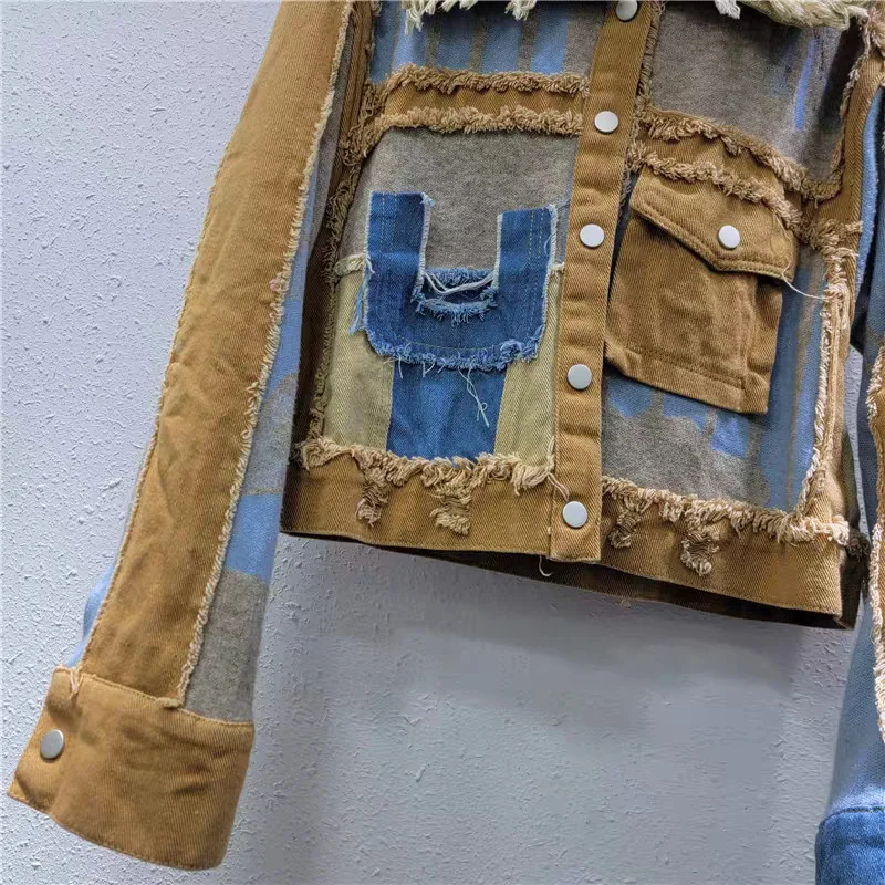 ANJY Jesienna Nowa Damska Modna Kurtka Kontrastowy Kolor Postarzany Denim Patchwork Vintage Stylowa Elegancka Streetwearowa Elegancka Kurtka A9318