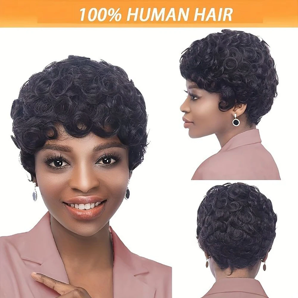 Kurze, gelockte Pixie-Schnitt-Perücke, brasilianische Echthaar-Perücken mit vorgezupftem Pony für schwarze Frauen, komplett maschinell hergestellt, bereit zum Tragen