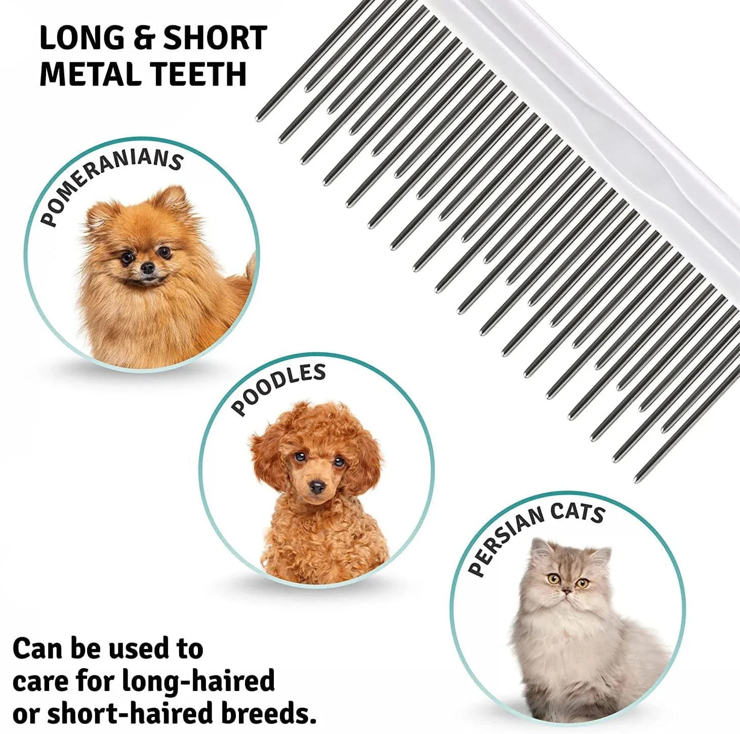 Poodle Detangling Pet Comb with Long & Short Stainless Steel Teeth for Removing Matted Fur, Knots & Tangles for Dog Cat Grooming