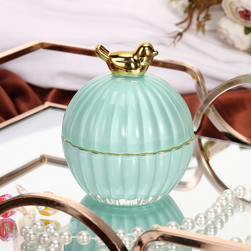 New Glass Jewelry Box Candy Jar Golden Frame Aromatherapy Candle Bottle Cotton Swab Box Food Storage Container Home Decoration