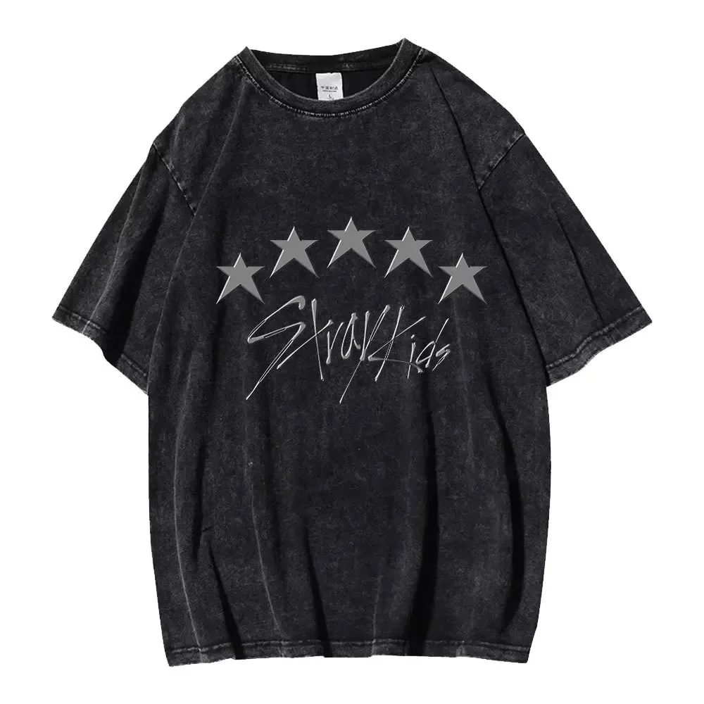 Kpop Street Kids New Album 5 Stars Printed T-shirt Washed Black Personality Short Sleeve Fashion Casual Wear Boys and Girls