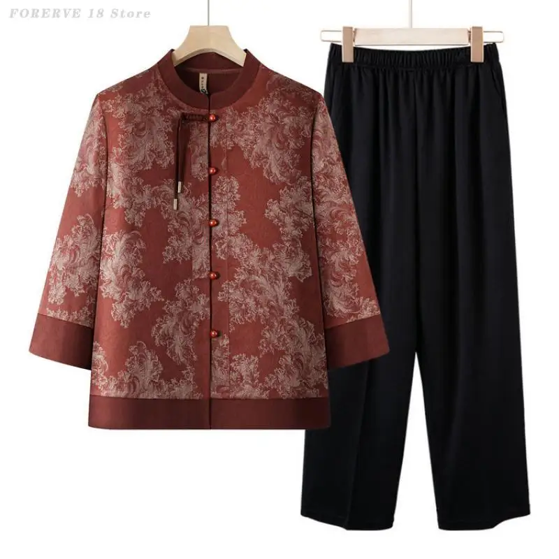 Spring Autumn New Tang Suit Grandma New Chinese Style Shirt&pant Outfit Long Sleeved Printed Blouses Women Plus Size 5XL Sets