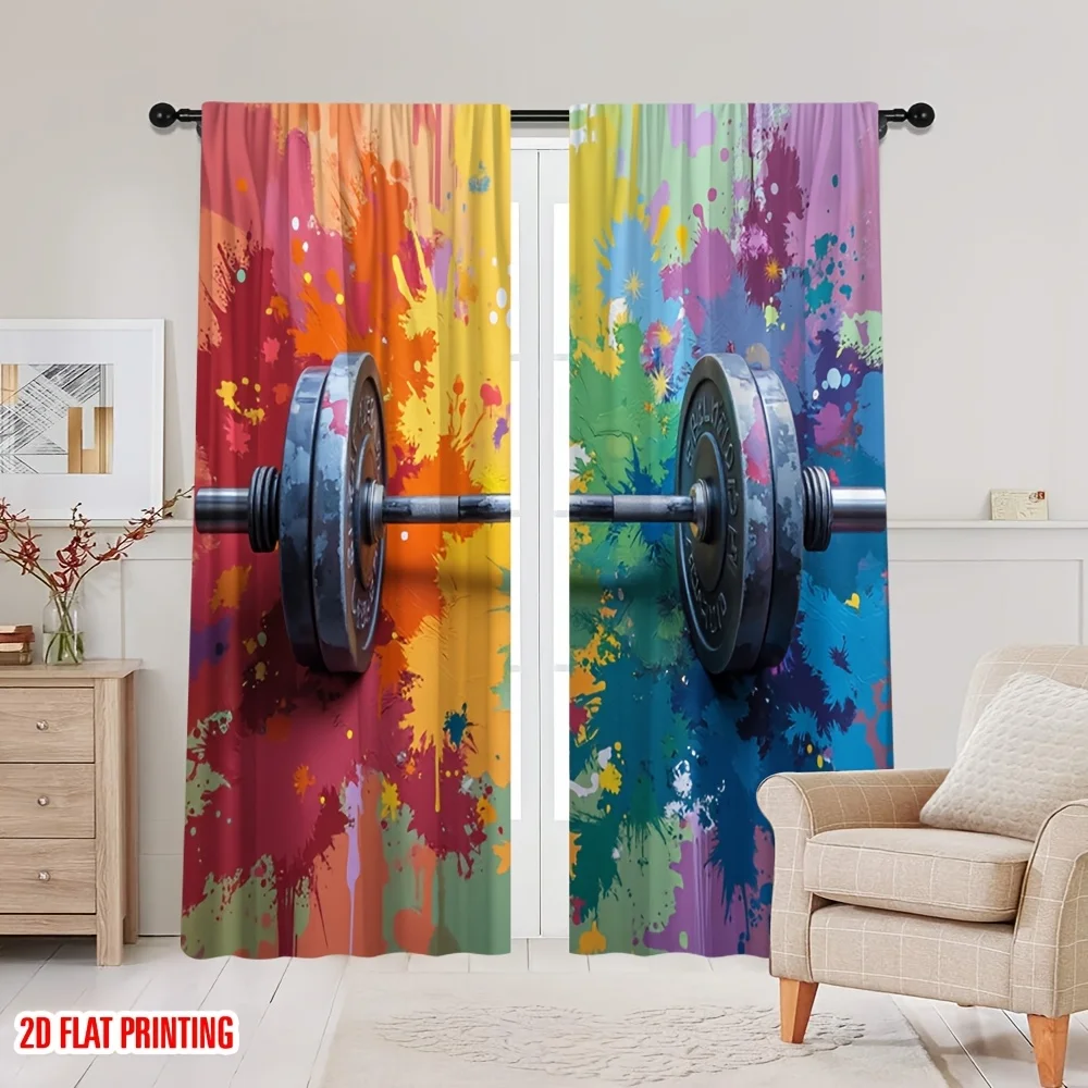 Fitness Barbell Curtain, Colorful Paint Splash Window Drape, Gym Workout Blackout Panel, Sports Room Home Decor