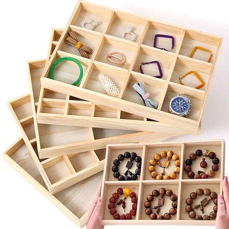 Solid Wood Jewelry Tray simple Multi-grids Bracelet Necklace Accessory Storage Night Market Stall Display Tool Jewelry Storage