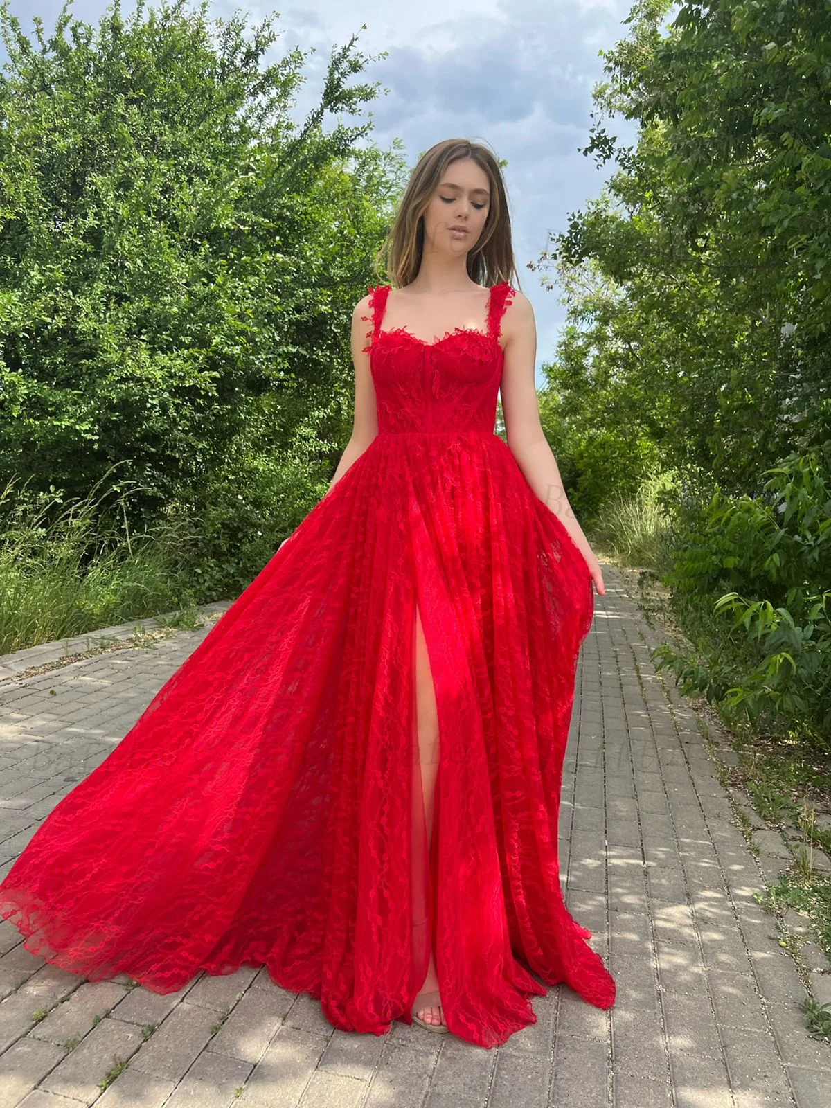 Bafftafe Customized Red Lace Women Prom Evening Dresses Straps High Slit Formal Party Gowns A Line Women Special Occasion Dress