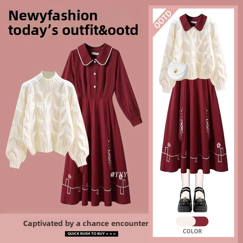 

Christmas Red Knitted Sweater And Dress Two-Piece Set for Women Winter Fashion Ensemble Long Sleeve round Neck Cotton Blend