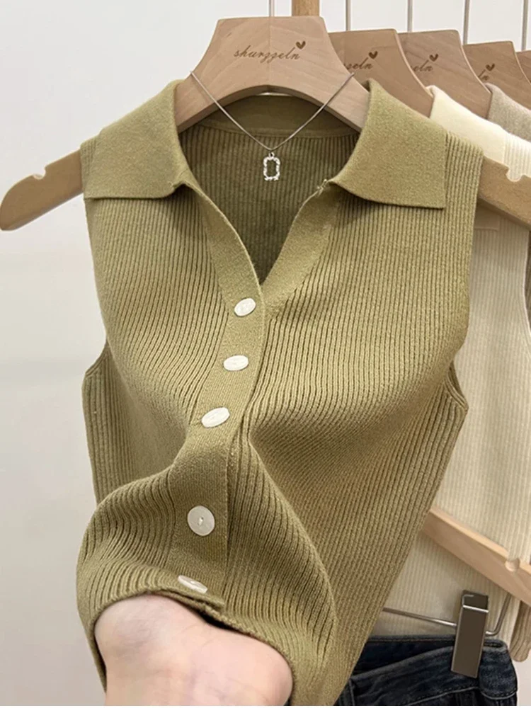 

New Solid Color Knitted For Women Cardigan Korean Single Breasted Sleeveless Jumper Woman Round Neck All Match Cardigans Outwear