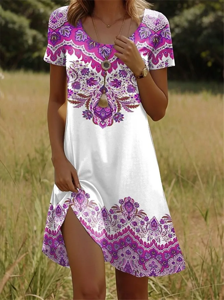 Ethnische Blumen Kurzarm O-ansatz Mini Kleid Frauen Retro 3D Druck Lose Kleid Outdoor Casual Mode Sommer Plus Größe Kleid 9XL