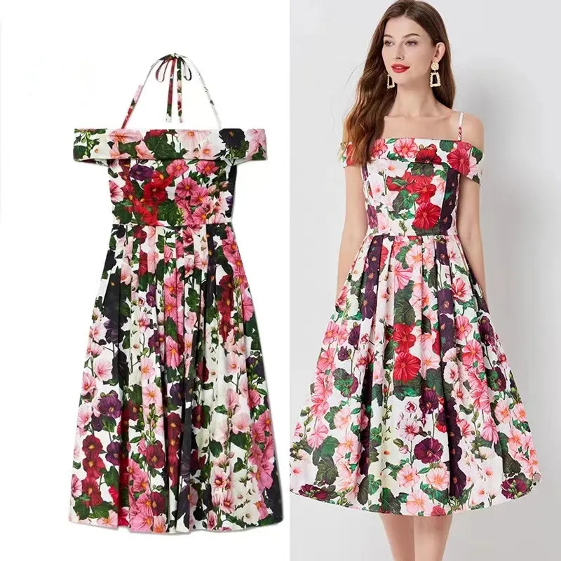 New Summer gherour Flower Print Vacation Midi Dress Fashion Women Slash Neck Spaghett Strap vita alta pieghettato Boho Vestidos