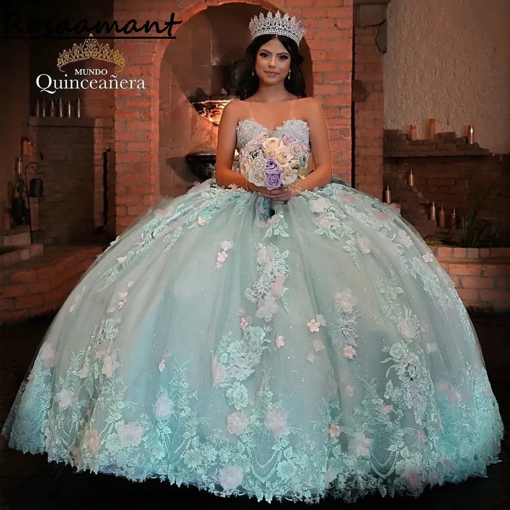 Light Blue Sweetheart 3D Flowers Bow Ball Gown Quinceanera Dresses Sleeveless Appliques Lace Corset Vestidos De 15 Años