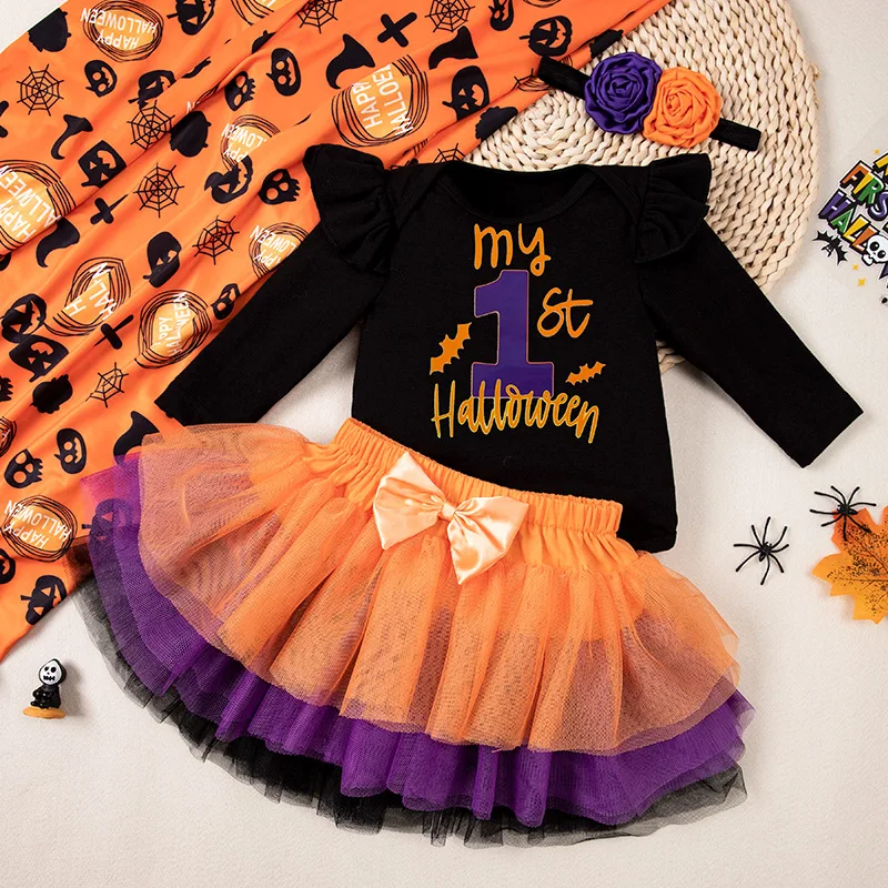 Autumn and Winter Girls' New Halloween Baby Party Dress Up Cartoon Letter Long Sleeve Climbing Clothes Mesh Half Skirt Set