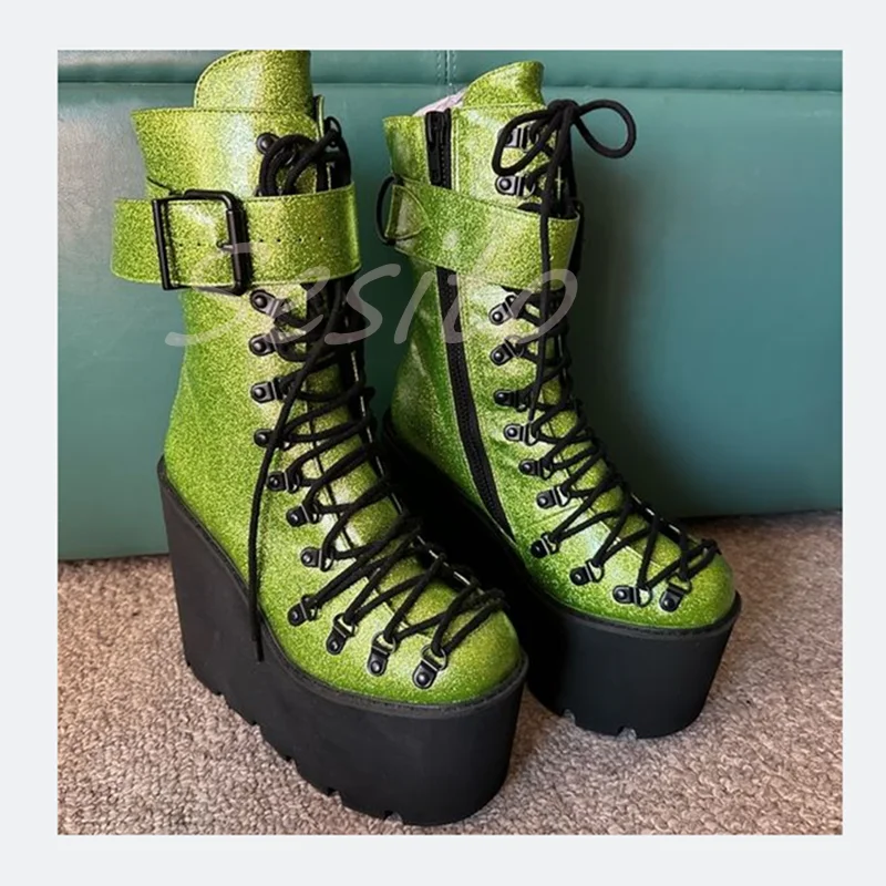 

Glitter Ankle Boots Thick-Soled Round Toe Platform Belt Buckle Lace Up Cross-Tied Cool Girl Punk Boot for All Season Casual Shoe