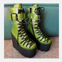 Glitter Ankle Boots Thick-Soled Round Toe Platform Belt Buckle Lace Up Cross-Tied Cool Girl Punk Boot for All Season Casual Shoe