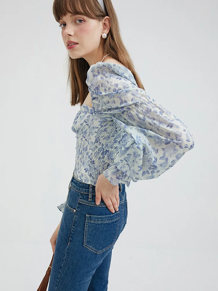 Blouses Women French Style New Spring Chic Slim Puff Sleeve Aesthetic Tops Crop Fashion Sweetheart Office Lady Daily Floral 2023