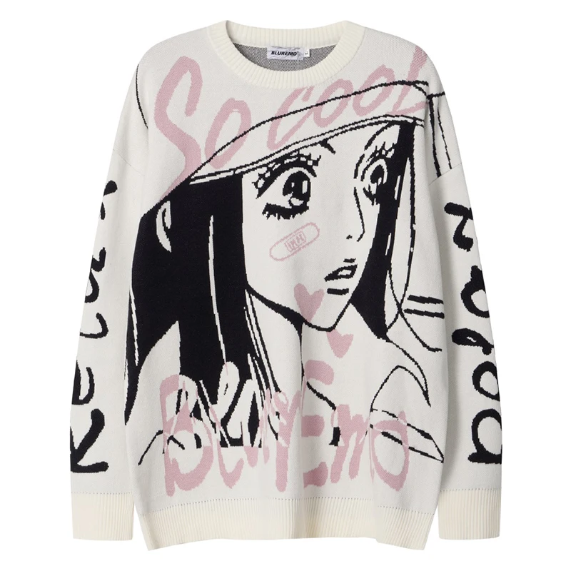 

Harajuku Oversized Knitted Sweater Women Anime Girl Graphic Pullover Kawaii Aesthetic Y2K Long Sleeve Streetwear Jumper Clothing