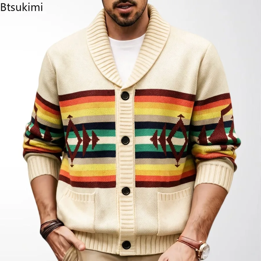 New Men Shawl Lapel Striped Jacquard Cardigan Long Sleeve Button Front Ethnic Knit Sweater Autumn Winter Casual Daily Warm Coat