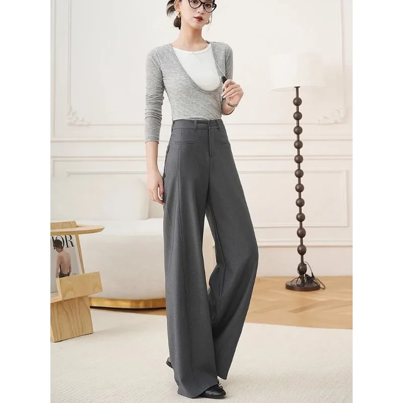 

Костюмные брюки для женщин весна-лето, новый стиль, утягивающие прямые свободные широкие брюки с высокой талией и прямыми штанинами