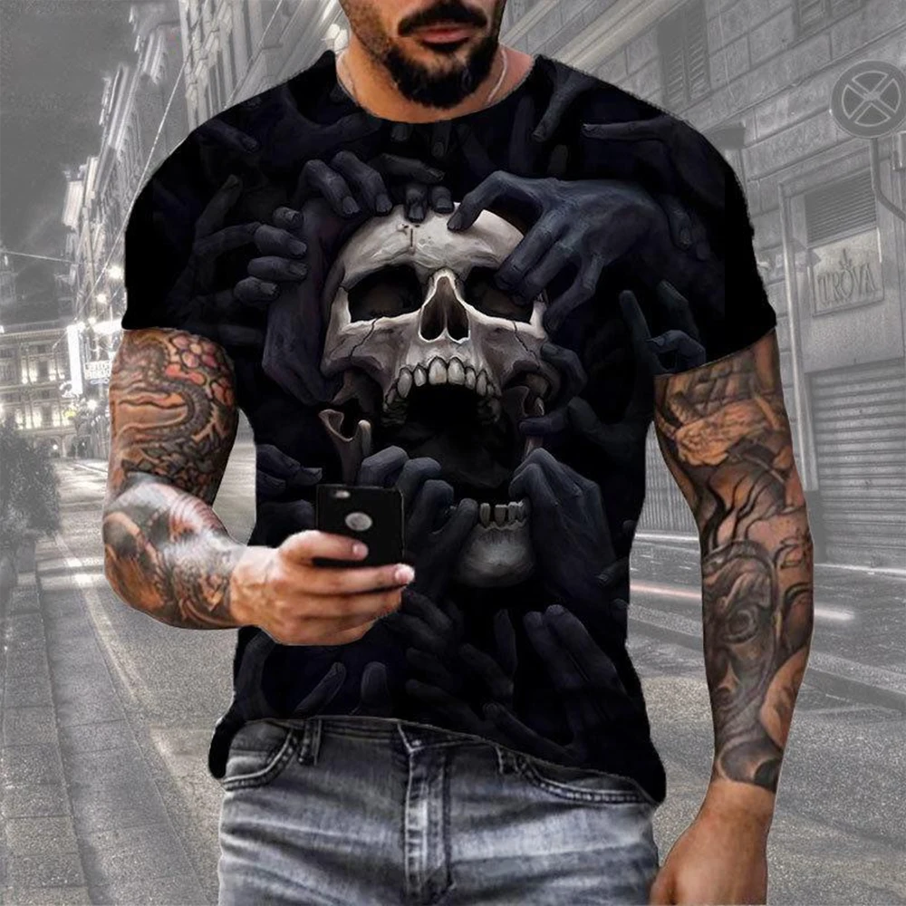 2025-2026 Summer Fashion Retro Skull 3D Printed T-shirt Hip Hop Personality Super Cool Horror Casual T-shirt #6