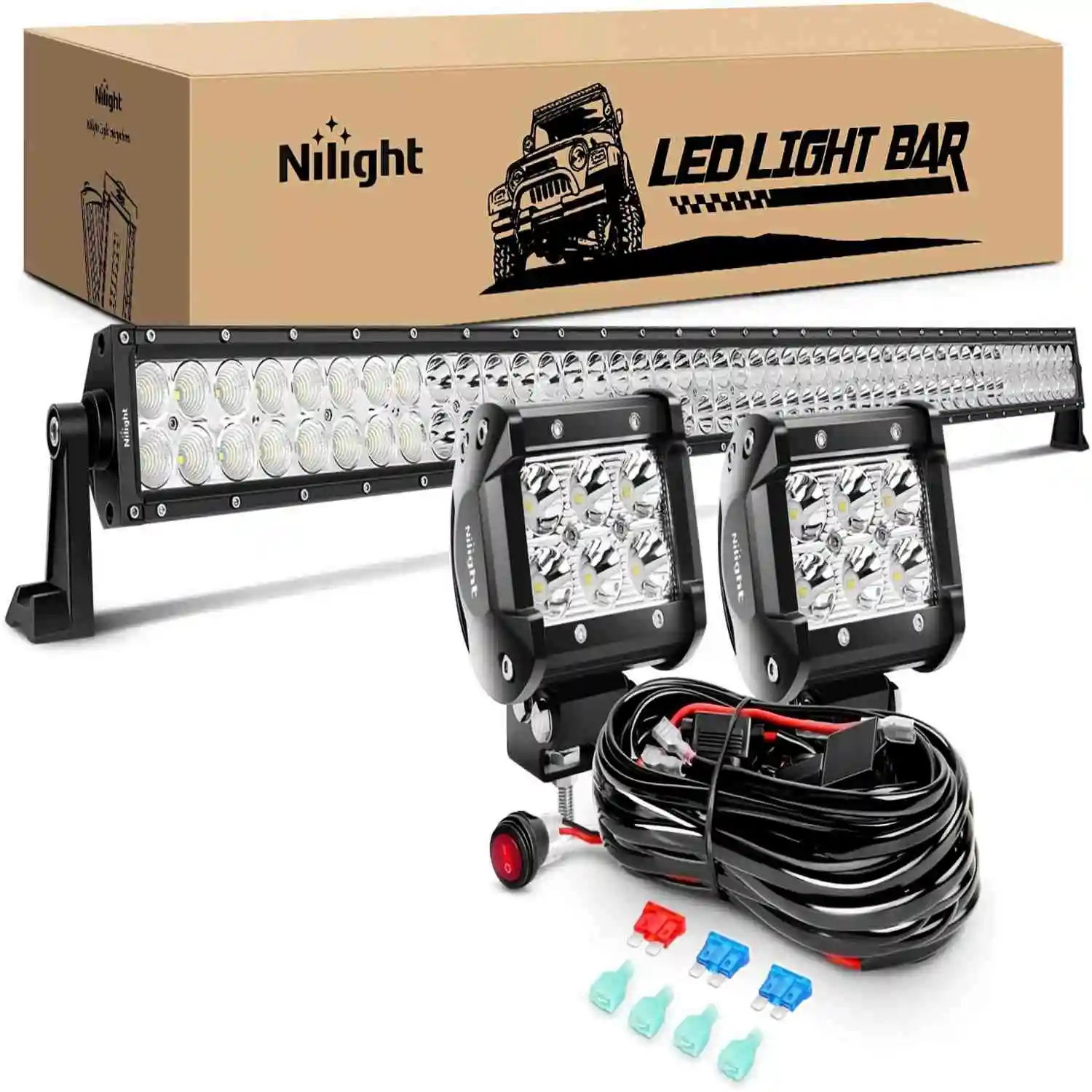 Nilight - ZH023 52Inch Spot Flood Combo Led Light Bar 2PCS 4Inch 18W Spot LED Fog Lights With Off Road Wiring Harness- 3 Leads