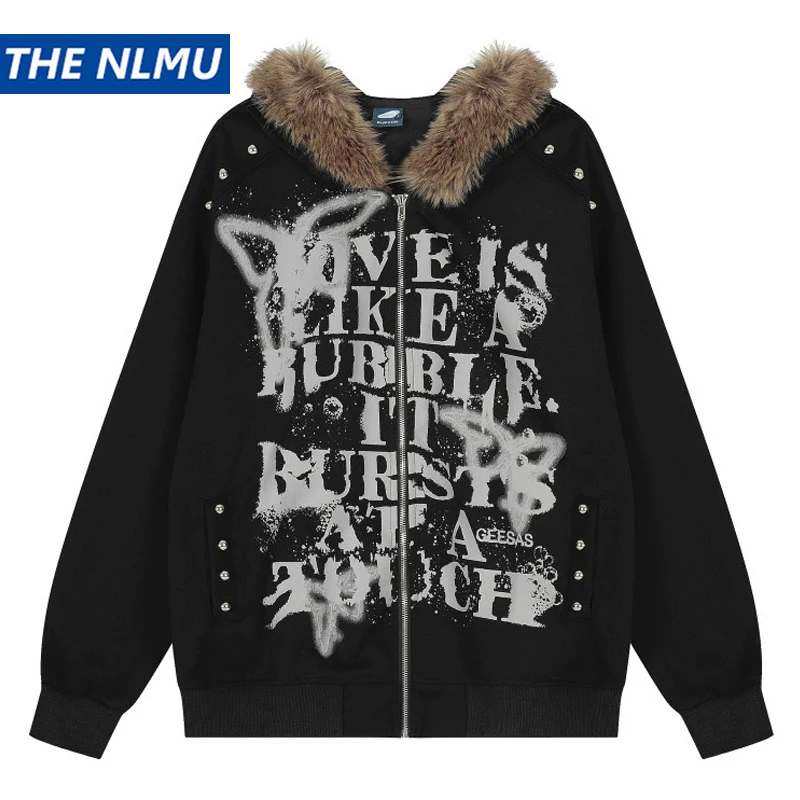 

Осень 2022, куртка с капюшоном на молнии в стиле хип-хоп Y2K, ретро, граффити, меховой воротник, толстовка с капюшоном, пальто, уличная одежда в стиле Харадзюку
