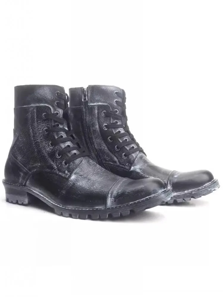 Handmade Retro Genuine Leather Boots Zipper Lace Up British Style Punk Motorcycle Short Boots Work Cargo High Top Shoes 45 46 47