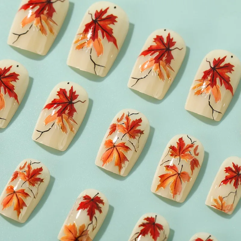 24個入り ミディアムスクエアネイルチップ 秋の紅葉風 付け爪 人工ネイル プレスオンネイル 女性用 美爪セット