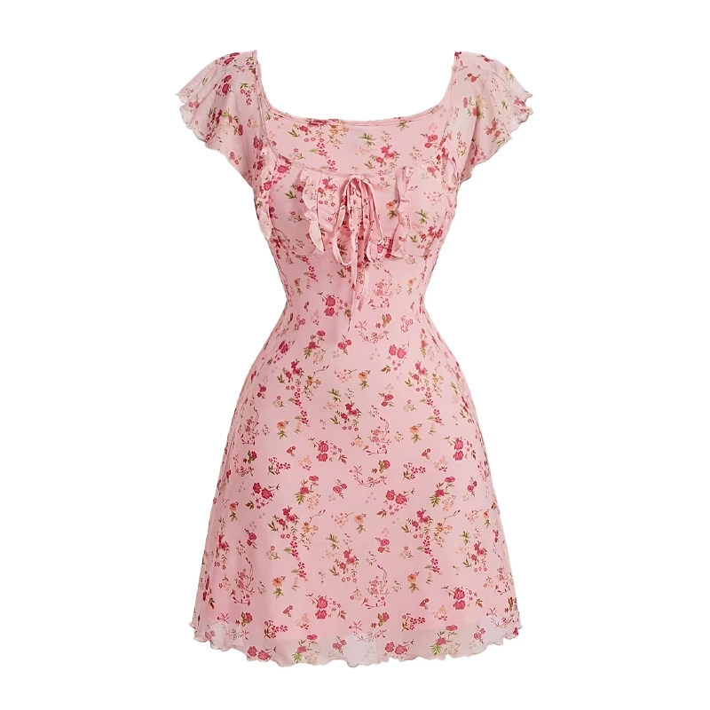 

Summer Women's Dresses Streetwear Fashion New Tank Sleeve Lace-Up Print Casual Slim Mesh Dress Sexy Backless Club Party Dresses
