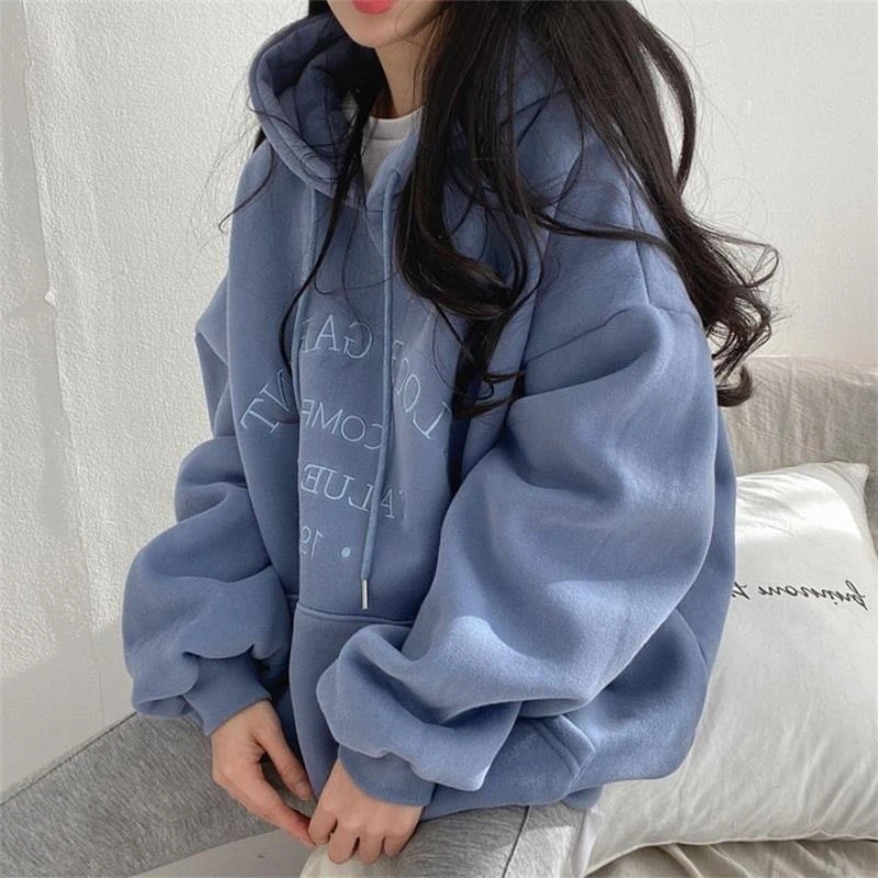 Women Embroidered Hoodie Fleece Lined Pullover Streetwear Casual Loose Warm Harajuku Fall Winter Sweatshirt Tops