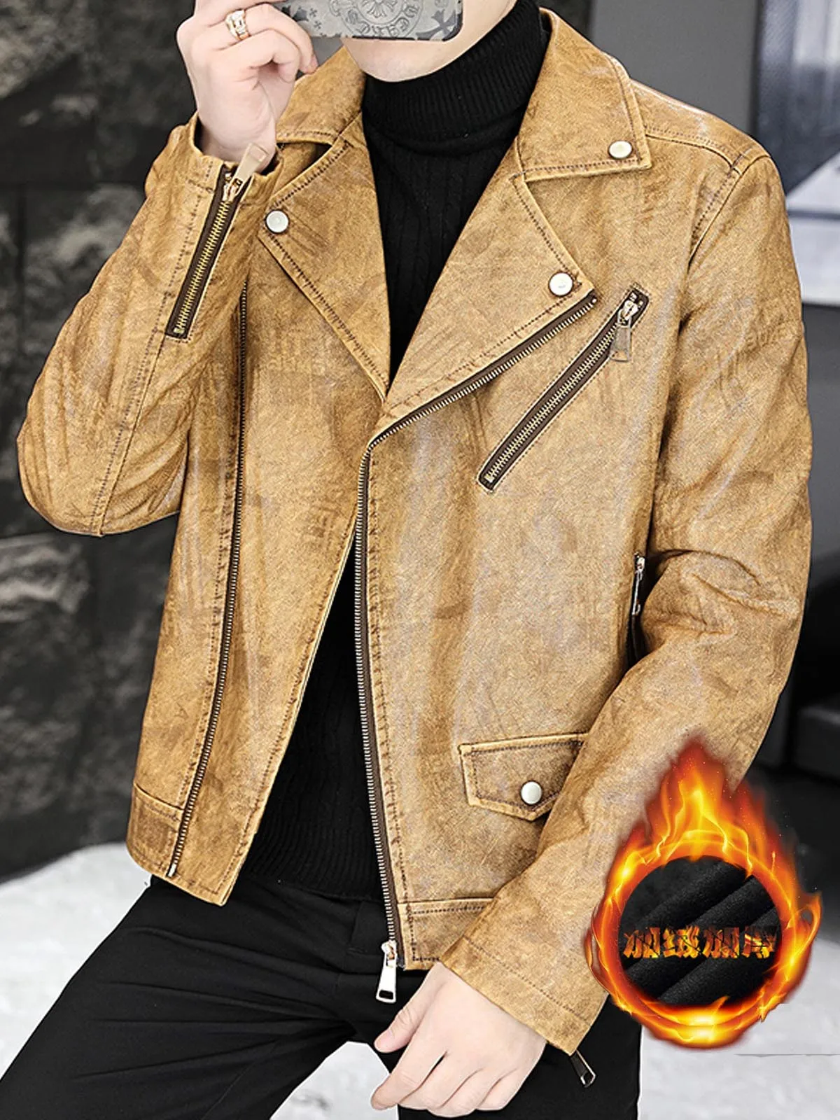 

Men's Fce Lined Thiened Leather Jaet Youth Busin Casual Sle ort Coat Autumn Winter New Arrival Classy Outerwear