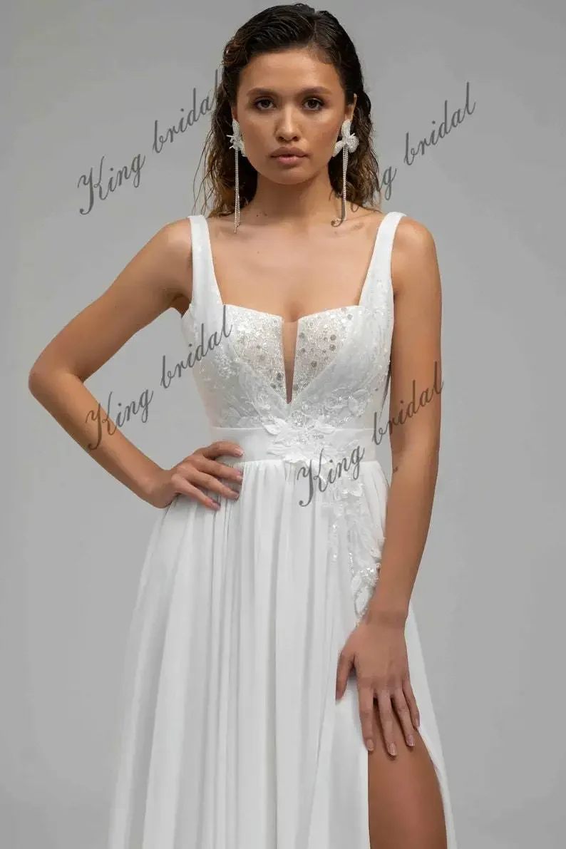 Шифоновое свадебное платье с разрезом, свадебное платье с открытой спиной, вышитое кружево с V-образным вырезом, пляжные свадебные платья в стиле бохо, свадебное платье на заказ