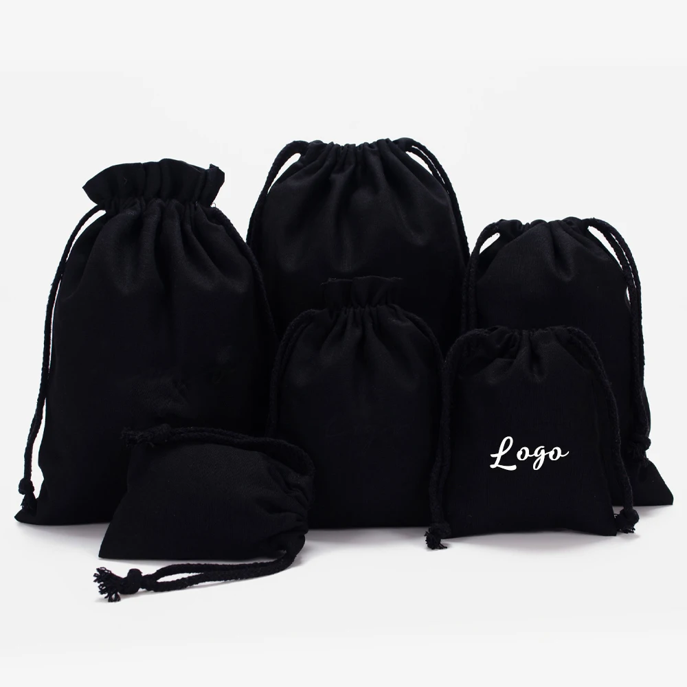 

Personalized Logo Black Canvas Cotton Packaging Drawstring Bag Double Cotton Ribbon jewelry Gift Pouch Wedding Favors For Guests