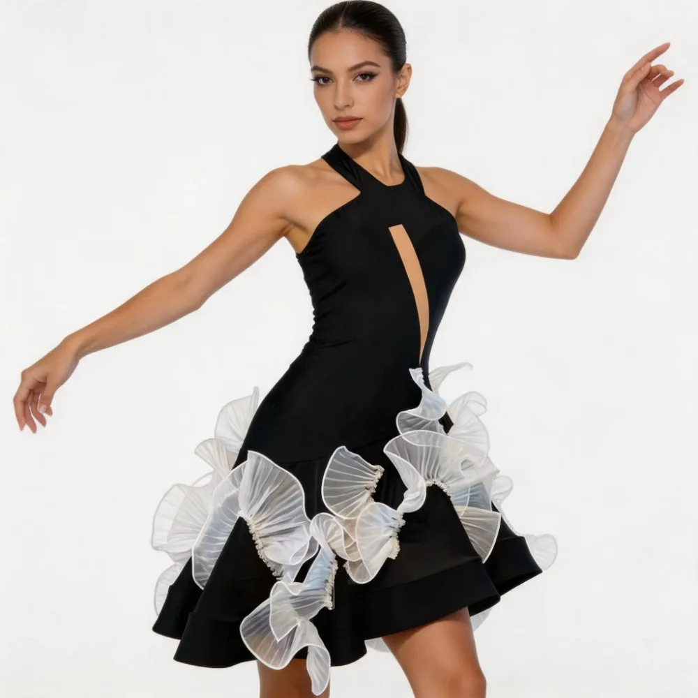 Black White Contrast Color Halter Latin Dance Dress Ballroom Competition Blackpool Stage Costume