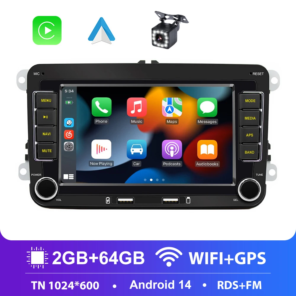 2-Din-Autoradio für Volkswagen Skoda Octavia Golf 5 6 Touran Passat Polo Jetta Android 14 Auto-Multimedia-Player GPS WiFi Carplay