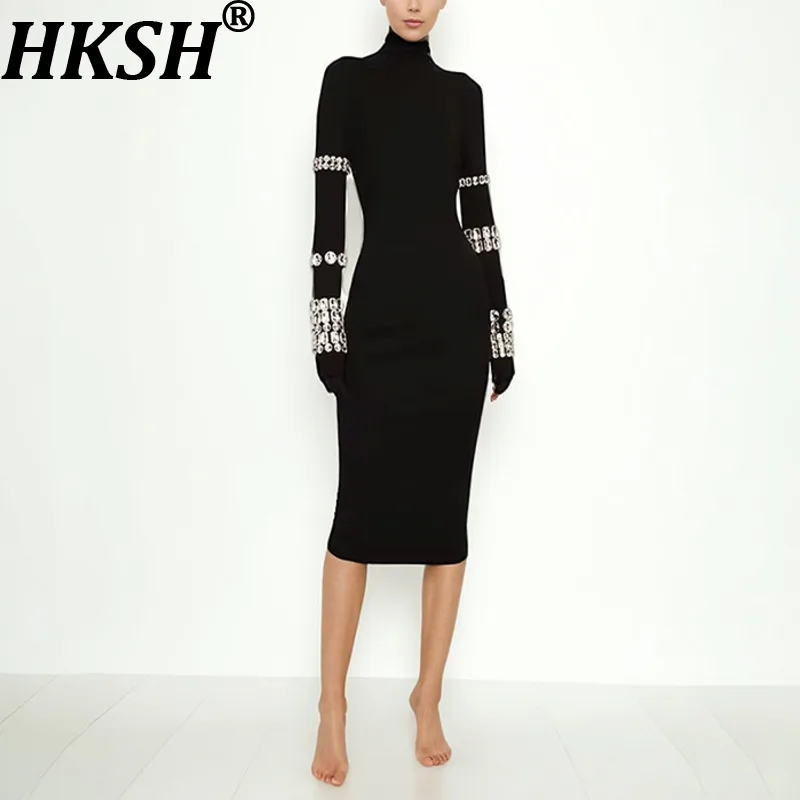 

HKSH Новое женское платье Ins с длинным рукавом и бриллиантами на талии, облегающее элегантное модное вечернее платье HK9033