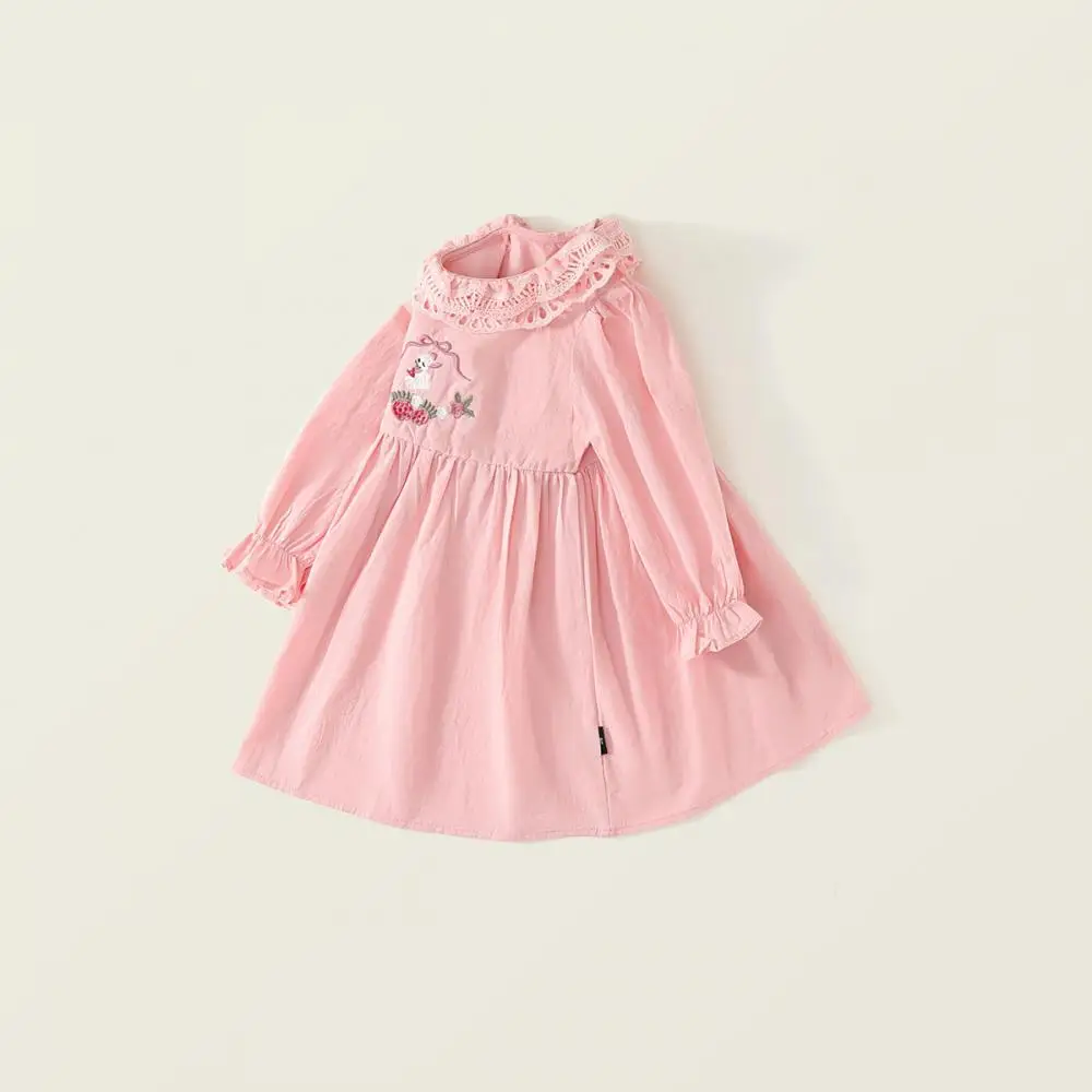 2025 Kids Clothing Cute Cartoon Animal Embroidery Dress Lotus Leaf Lace Collar Girls Dresses Spring Cotton Children Casual Frock