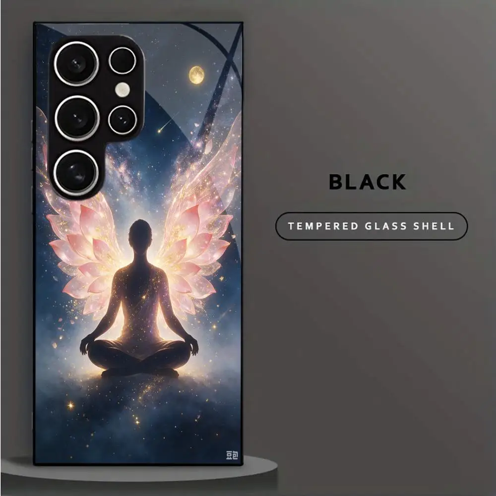 Meditation Angel Wings Tempered Glass Phone Case For Samsung GalaxyS26 25 24 23 22Ultra FE 5G Anti‑drop Full Protective Cover