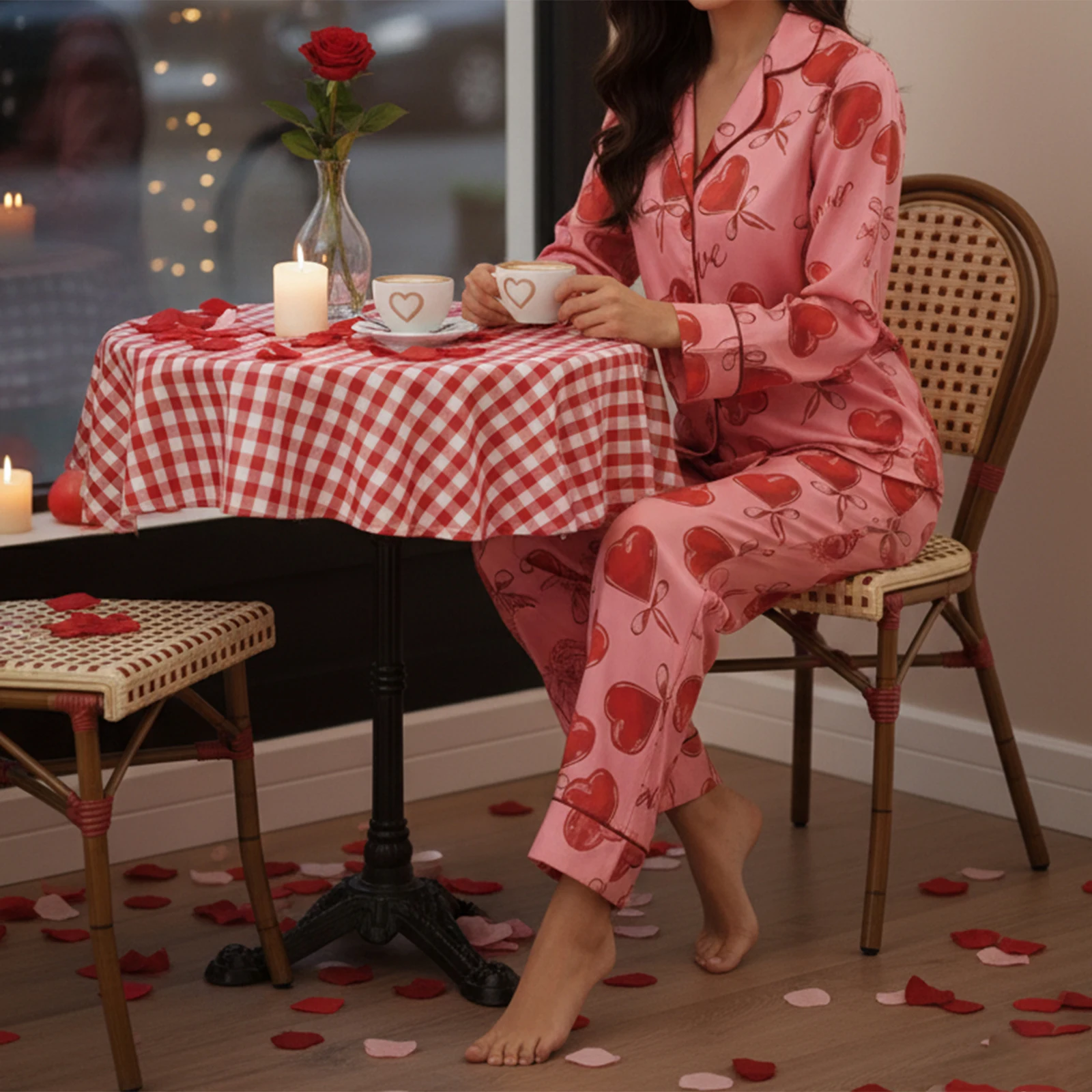 

Womens Valentines Pajamas Set Love Heart Print Button Down Lapel V Neck Long Sleeve Tops with Pants Lounge Wear 2 Pcs Set