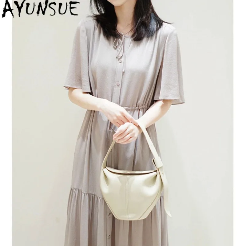 AYUNSUE Double-Layer Ghost Crepe Silk Dress Woman Mid-length Short Sleeve Dresses Solid Color Summer Dresses Woman Clothes 원피스