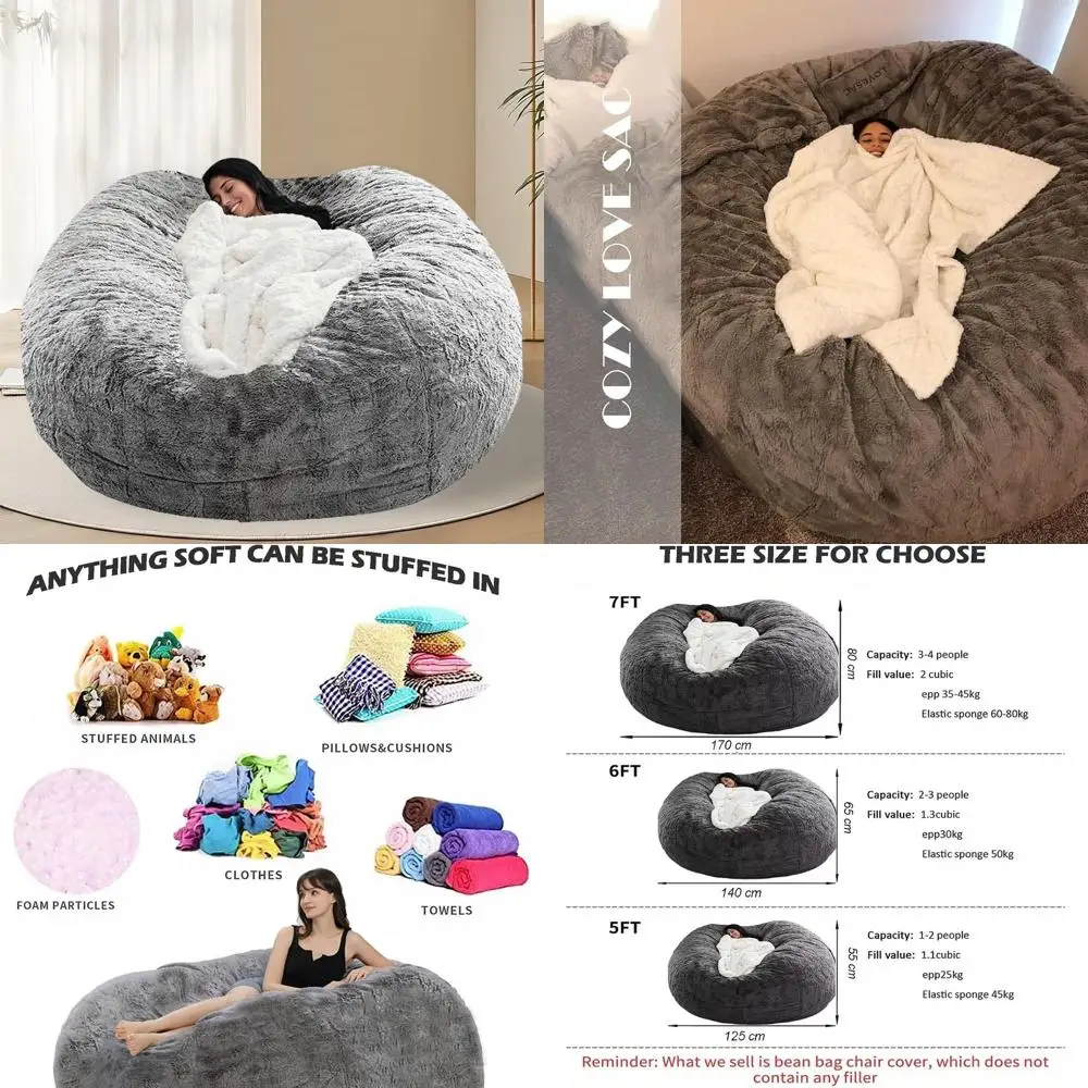 6T Capacity Bean Bag Chair Cover for Adults and Kids, Ideal for Giant Animal Storage, Suitable for Living Room and Bedroom, Grey
