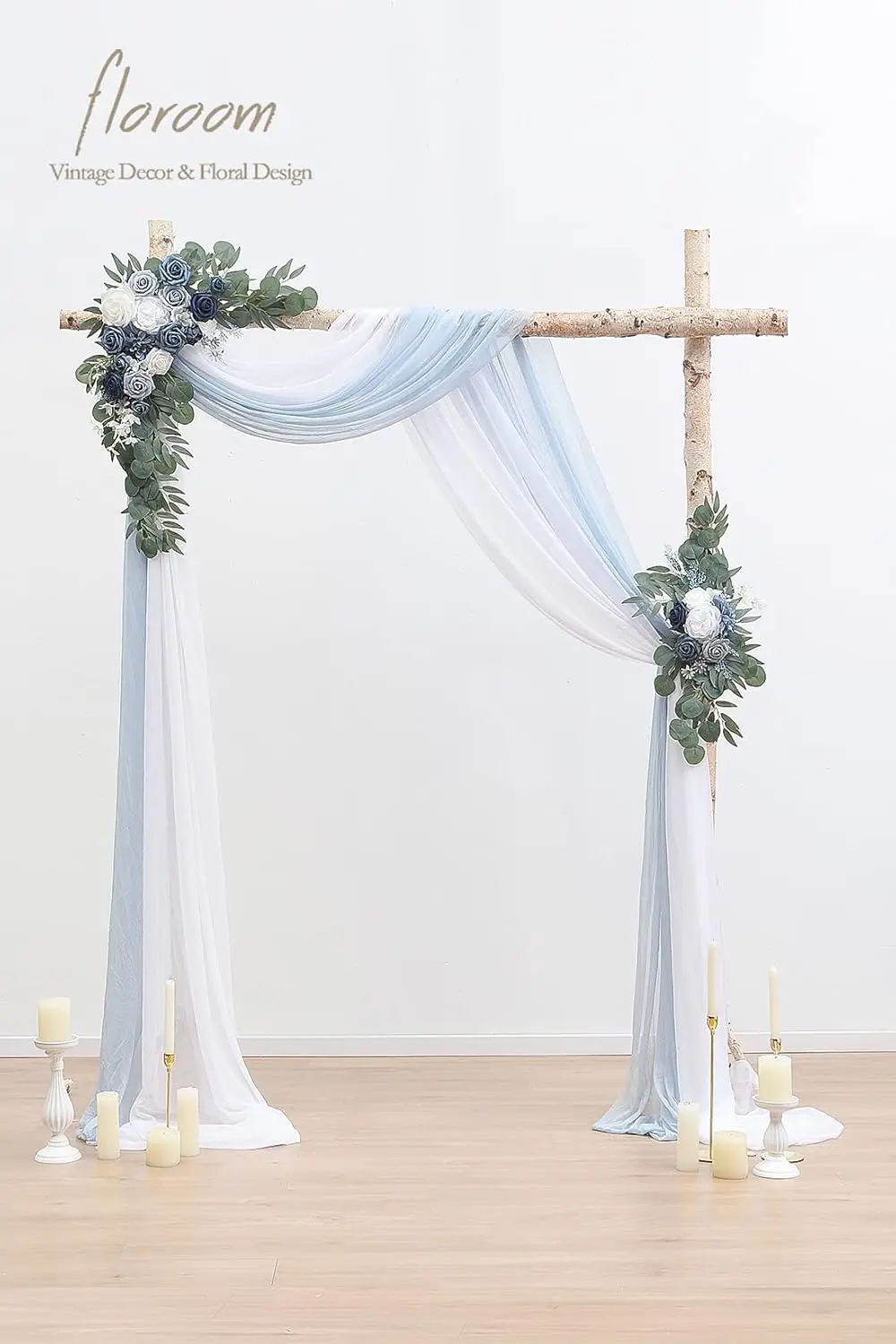 Arch Flowers with Drapes Kit (Pack of 4) - 2pcs Artificial Dusty Blue & Navy Blue Floral Swag Arrangement with 2pcs Draping Fabr