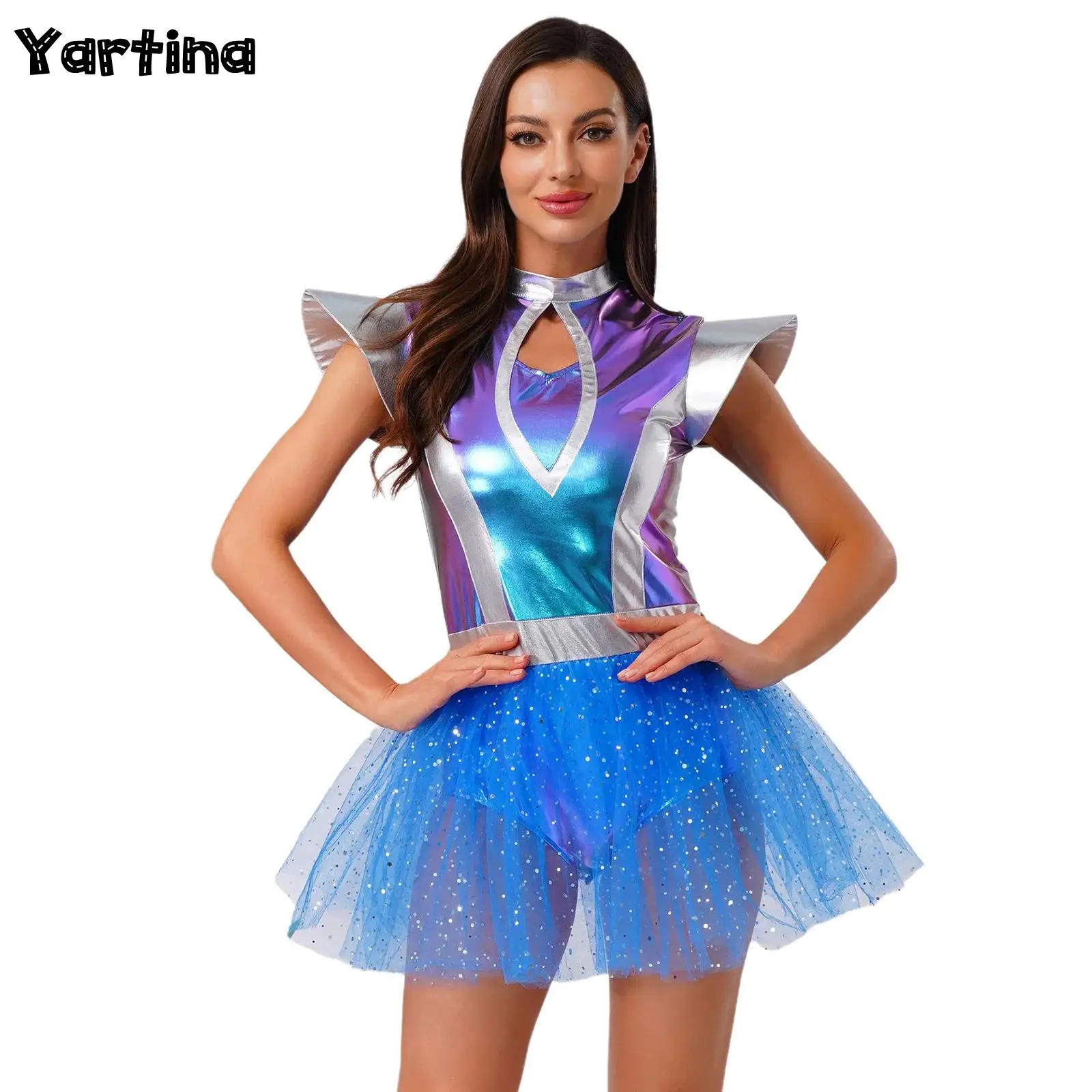 

Womens Cadet Space Astronaut Alien Robot Cosplay Costume Metallic Shiny Tulle Robot Dress Halloween Space Themed Party Dress Up