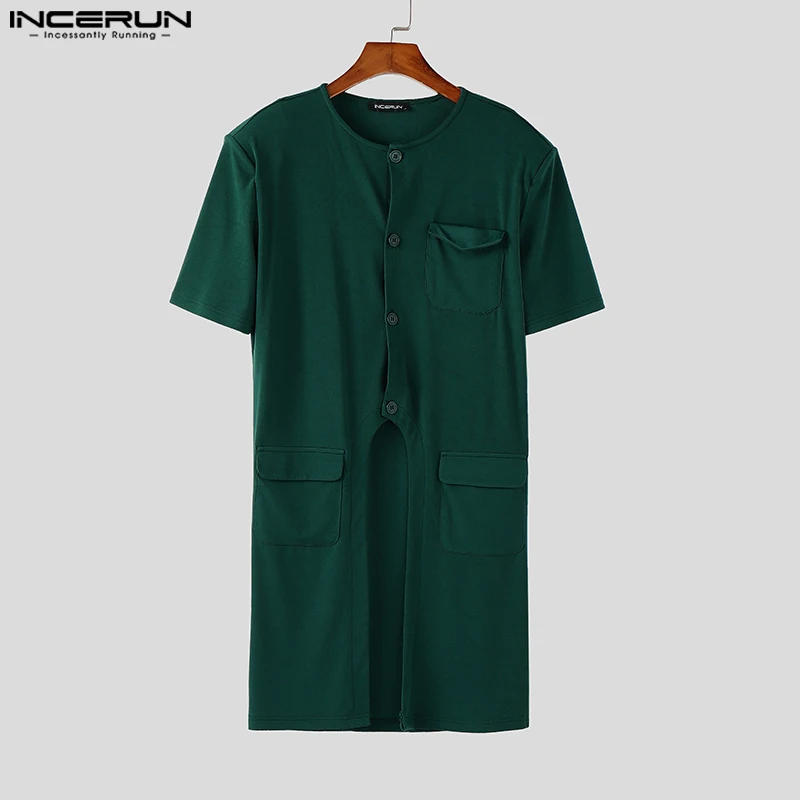 

INCERUN Мужская длинная стильная рубашка, однотонная рубашка с короткими рукавами и карманами на пуговицах, мужская одежда с разрезом, топы, модные мужские рубашки 2025 года, уличная одежда