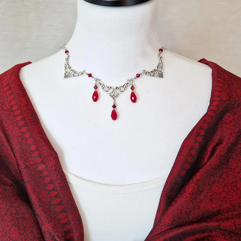 Victorian Gothic Black Onyx Medieval Fleur-de-lis Necklace Natural Black Stone Stee