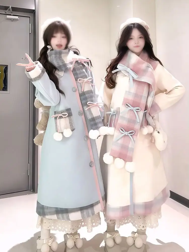 

Шикарное длинное шерстяное пальто женское зимнее с клетчатыми вставками, модное пальто в корейском стиле с пуговицами, прямого кроя, верхняя одежда