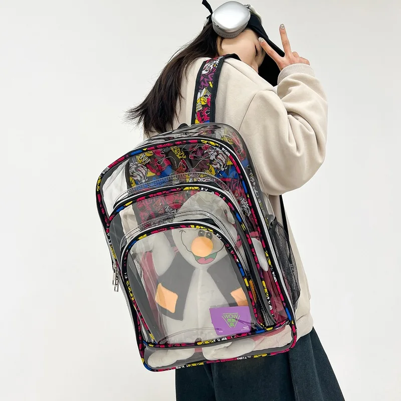 New fiti Transparent Double oulder Bag Student PVC Bapa Cusizable Faion Personalized School Bag ex