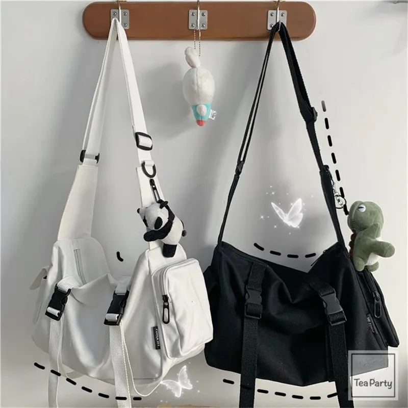 Harajuku Canvas Messenger Bag Solid Color Women Crossbody Bags Large Capacity Shoulder Bag Multiple Pocket Bolsos Sac