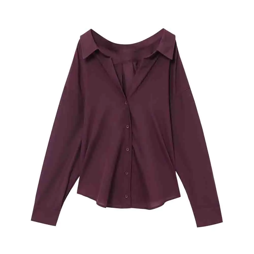 

Women's new fashion pleated decoration casual versatile lapel poplin shirt retro long sleeved button up women's shirt chic top